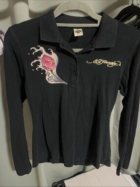 Vintage Ed Hardy Black Long-Sleeve Polo with Fairy Rhinestones